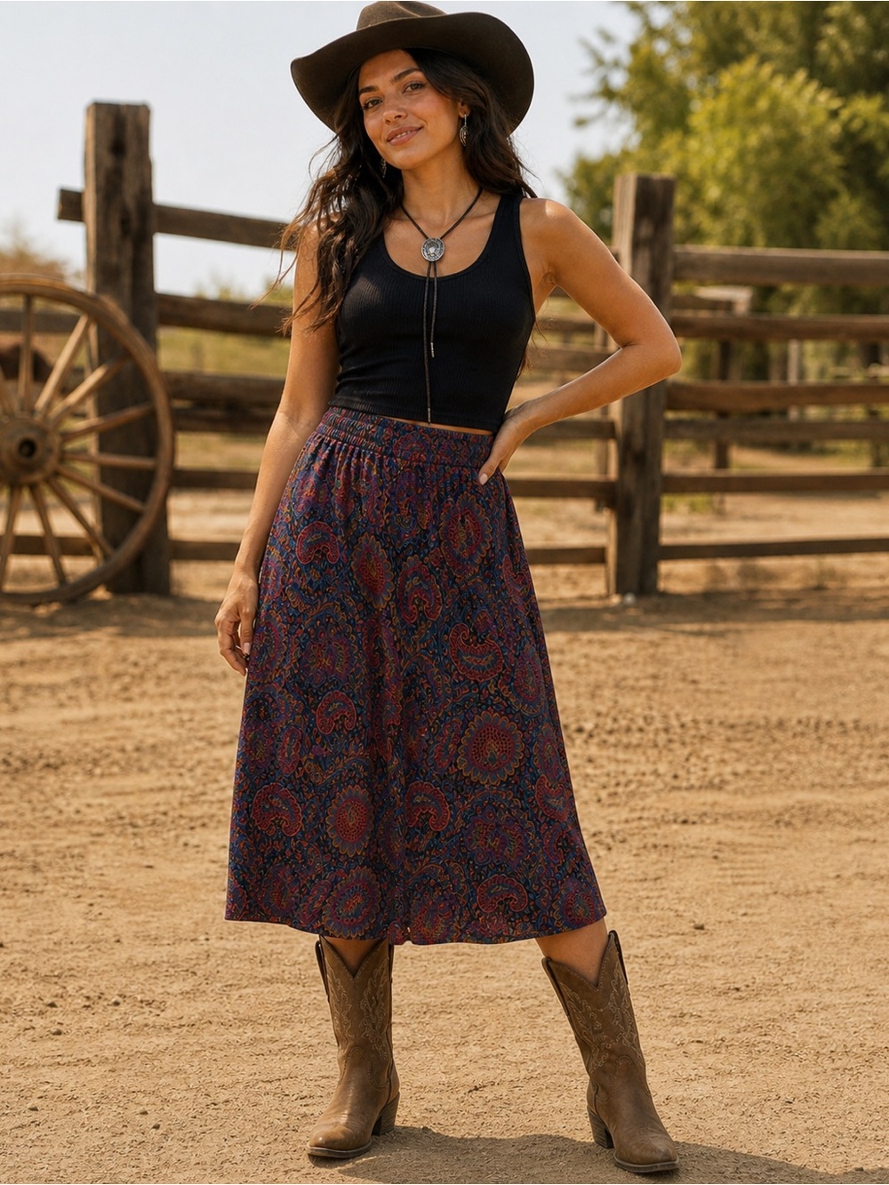 Paisley Print Midi Skirt in Teal and Red